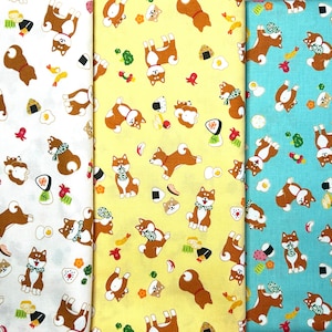 Cotton Fabrics - Shiba Inu, 柴犬, Hunting Dog, Dog, Puppy (2), Off-White, Yellow, Turquoise (0.5 Metre)