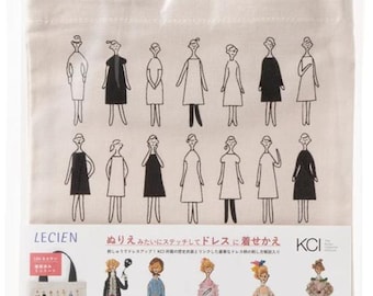 May include: A beige canvas tote bag featuring a black line art print of fourteen figures in various dresses. The packaging includes a label with the text LECIEN and KCI, displaying five colorful embroidered historical dress illustrations.