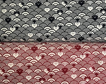 Cotton Fabrics - Fukufuku "Cat Seigaiha", Cat, Wave, Footprint, Black, Red