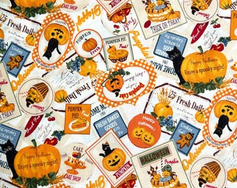 May include: A white fabric with a repeating pattern of Halloween-themed illustrations. The design includes pumpkins, black cats, baked goods, and text such as "Happy Halloween" and "Pumpkin Pie".
