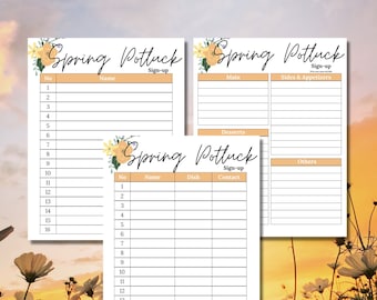 Peut inclure: Trois feuilles de papier imprimables pour une inscription à un potluck de printemps. Chaque feuille présente un motif floral et est divisée en colonnes avec des titres tels que "No", "Nom", "Plat", "Plat principal", "Accompagnements et apéritifs", "Desserts", "Autres" et "Contact".