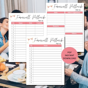 May include: Printable farewell potluck sign-up sheet with a pink and white color scheme. The sheet has a title that says "Farewell Potluck" and includes sections for "Main", "Sides & Appetizers", "Desserts", and "Others".