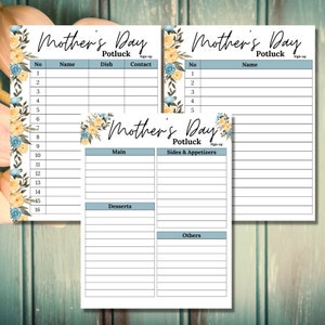 Potluck Sign Up Sheet | Mother&#39;s Day Potluck Sign Up Sheet | Mother&#39;s Day Potluck Sheet | Potluck Sign up | Printable Potluck Sign Up | Mom