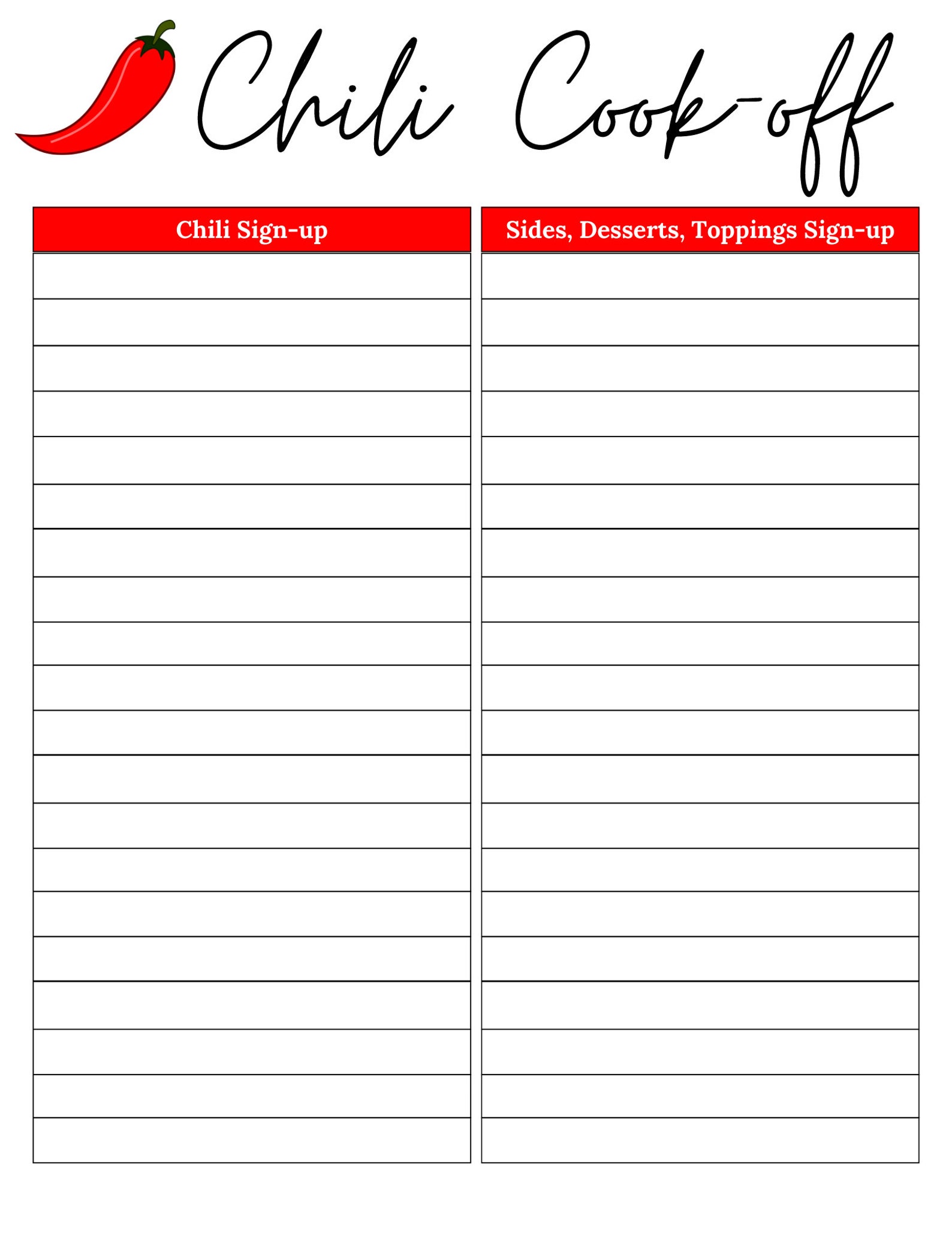 Chili Cookoff Sign up Sheet Chili Cook off Sheet Chili Cookoff Potluck Chili Cookoff Sign up Sheet Chili Cook off Sheet Chili Cookoff Potluck