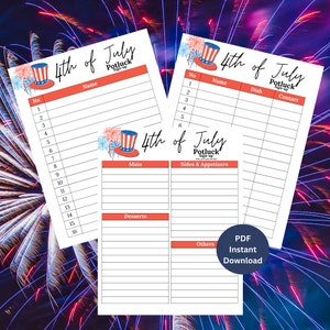 Potluck Sign Up Sheet | 4th of July Potluck Sign Up Sheet | July 4th Potluck Sheet | Fourth of July Potluck Sign up Sheet | Potluck Sheet