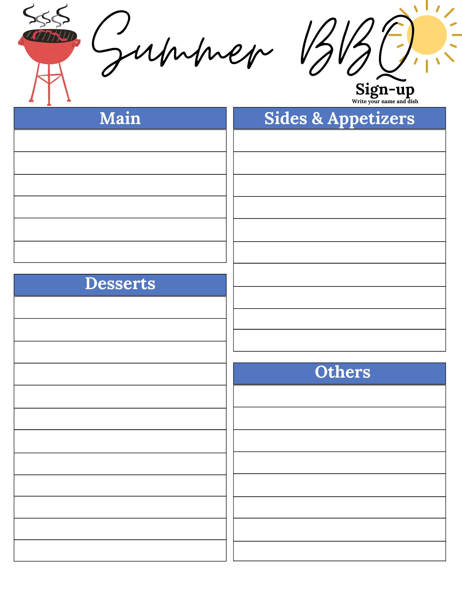 Summer Potluck Sign up Sheet | Summer Potluck Sheet | Summer Potluck ...