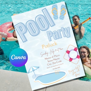 Könnte beinhalten: Eine blaue und gelbe Poolparty-Einladung mit einem Cartoon-Pool, Flip-Flops und einem Rettungsring. Der Text lautet "Pool Party Potluck Sonntag, 19. Juli um 19:00 Uhr Name des Ortes, Straßenname Stadt, Postleitzahl RSVP bei Stephanie bis zum 1. Juli 123-456-7890 Bringen Sie ein Gericht zum Teilen mit anderen mit!"