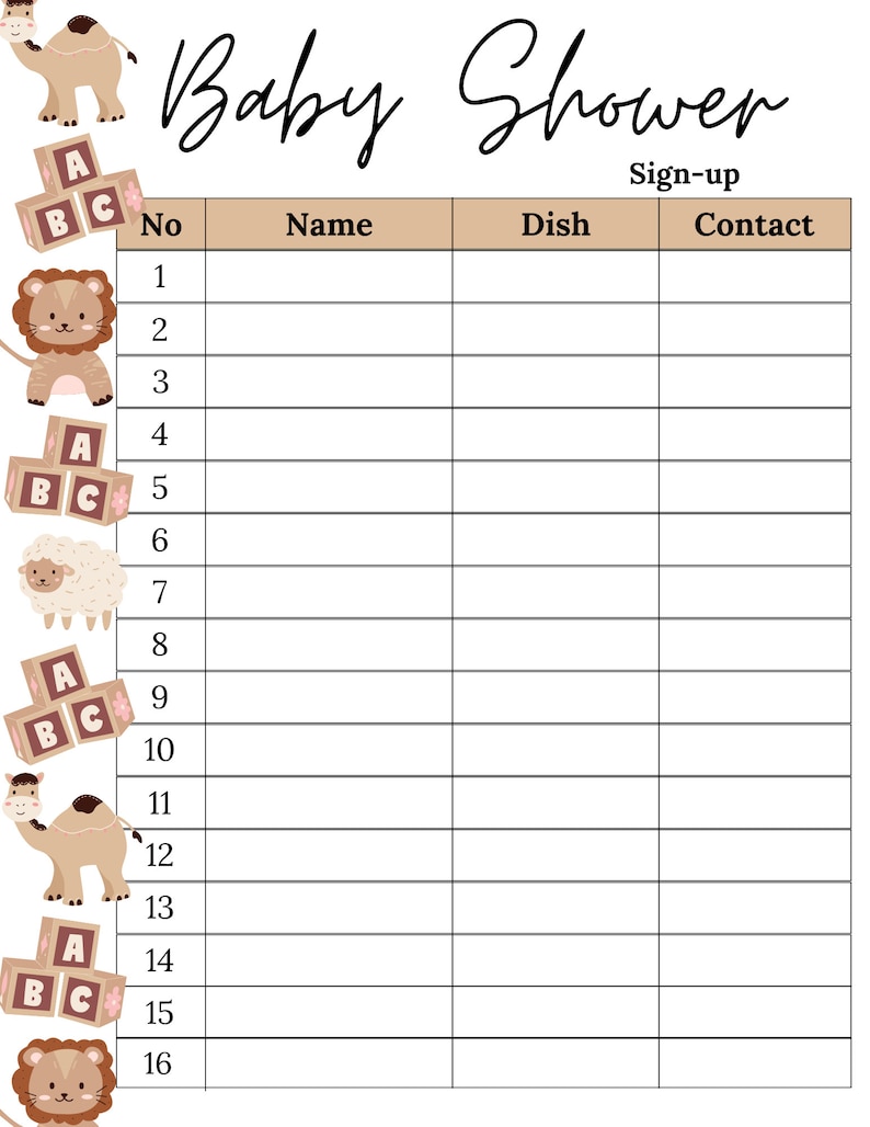 Potluck Sign up Sheet | Baby Shower Potluck Sign up Sheet | Baby Shower ...