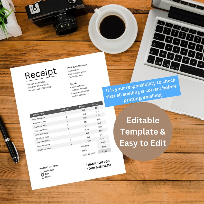 Receipt Template | Editable Receipt Template | Receipt Template for