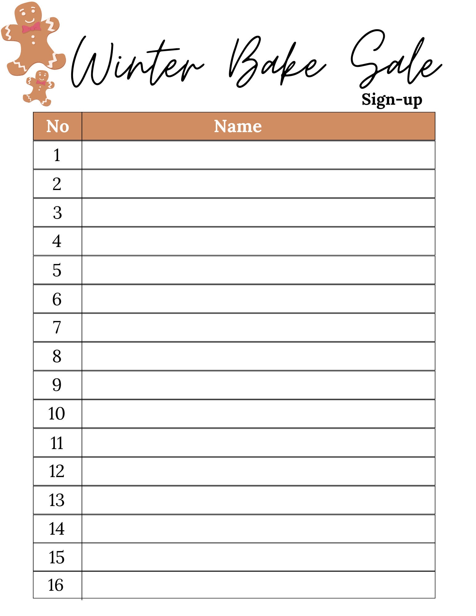 Winter Bake Sale Sign up Sheet | Bake Sale Sheet | Printable Bake Sale ...