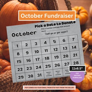 October Fundraiser Calendar | Pick a Date Fundraiser | Sports Fundraiser | School Calendar | Fundraising Calendar