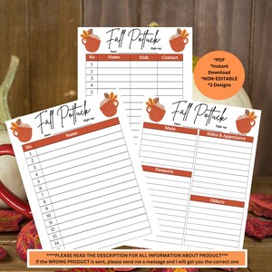 May include: Three printable fall potluck sign-up sheets with a cute illustrated mug of hot chocolate. The sheets are labeled "Main", "Sides & Appetizers", and "Desserts".