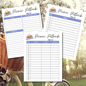 May include: Printable picnic potluck sign-up sheet with a blue and white gingham pattern. The sheet includes sections for main dishes, sides and appetizers, desserts, and a sign-up list with columns for number, name, dish, and contact information.