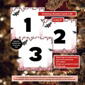 May include: Christmas number cards 1-60, each 8.4 x 8.4 cm. The cards feature large black numbers 1, 2, and 3 on a white background with a pink border. The border is decorated with candy canes and holly. Text includes "Instant Download: Email with PDF".