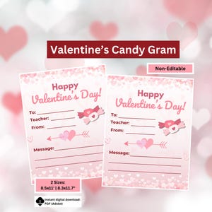 May include: Two pink Valentine's Candy Gram cards with the text "Happy Valentine's Day!" and space to write "To", "Teacher", "From", and "Message". The cards have a candy graphic and are available in two sizes: 21.6x27.9 cm and 21.1x29.7 cm.