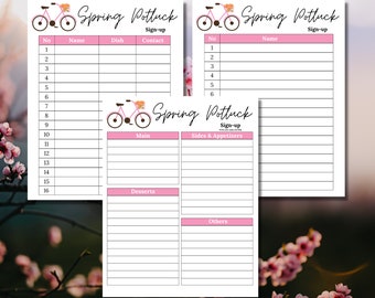 Peut inclure: Feuille de sign-up imprimable pour un potluck de printemps avec un graphique de vélo rose. La feuille est divisée en sections pour les plats principaux, les accompagnements et les apéritifs, les desserts et autres articles. La feuille comprend une liste numérotée pour que les invités s'inscrivent pour ce qu'ils apporteront.