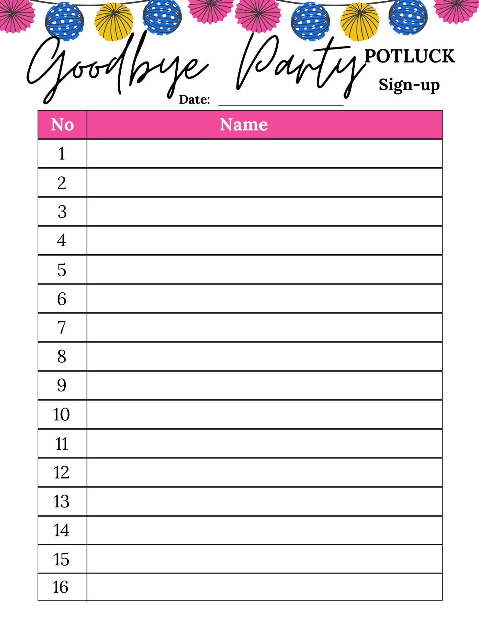 Goodbye Party Potluck Sign up Sheet | Leaving Party Potluck Sheet