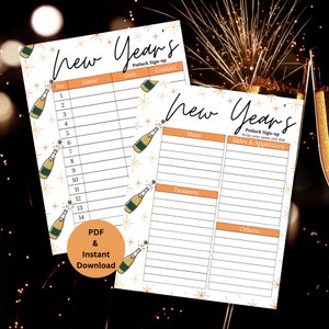 Puede incluir: Dos hojas de inscripción para la cena de Nochevieja. Las hojas tienen un fondo blanco con ilustraciones de estrellas doradas y botellas de champán. El texto "New Year's" está escrito en una fuente de escritura. Una hoja tiene una lista de nombres y platos, la otra tiene secciones para platos principales, guarniciones, postres y otros.