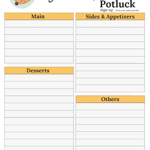 Potluck Sign up Sheet | Brunch Potluck Sign up Sheet | Brunch Potluck ...