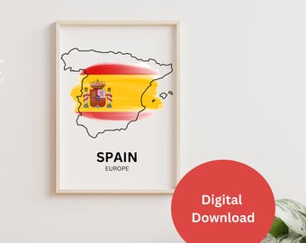 Carte de l'Espagne | Carte de l'Espagne | Impression numérique de la carte de l'Espagne | Carte de l'Europe | Déco murale carte d'Espagne