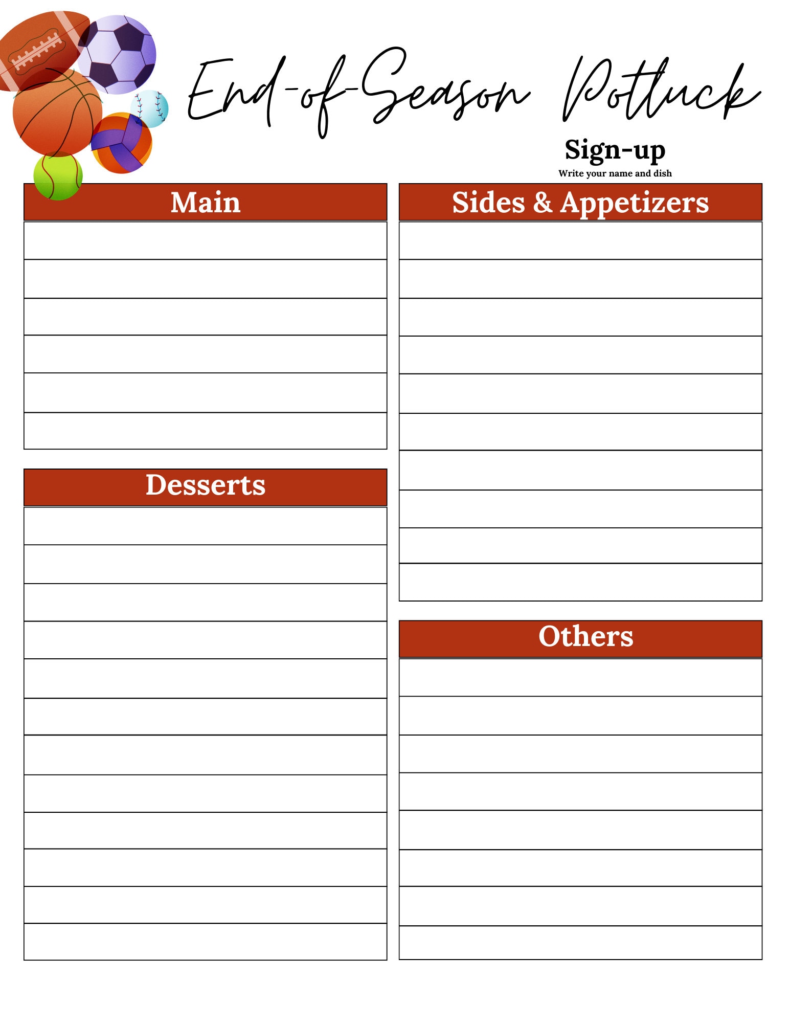 Potluck Sign up Sheet End of Season Potluck Sign up Sheet Sports