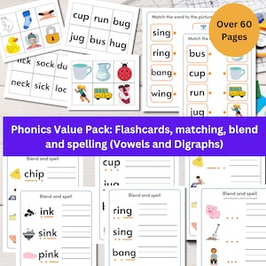 Phonics Worksheets Vowels & Digraph Bundle | CVC Words | Phonics Games | Kindergarten Phonics | CVC Worksheets | Letter Sounds Practice