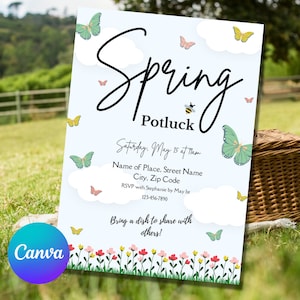 Peut inclure: Une invitation bleue et blanche avec un titre manuscrit 'Spring Potluck'. L'invitation présente des papillons, des nuages et des fleurs. Elle comprend la date, l'heure, le lieu et les informations RSVP. Le texte se lit comme suit : 'Samedi 15 mai à 11h, Nom du lieu, Nom de la rue, Ville, Code postal, RSVP avec Stéphanie avant le 1er mai, 123-456-7890, Apportez un plat à partager avec les autres !'