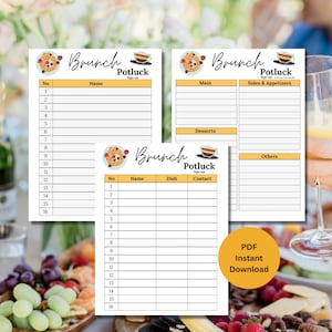 May include: Printable brunch potluck sign-up sheet with a waffle graphic. The sheet is divided into three sections: Main, Sides & Appetizers, and Desserts. There is also a separate sheet for guests to sign up for dishes with columns for name, dish, and contact information.