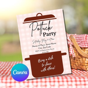 Peut inclure: Une invitation à un potluck sur fond de carreaux rouges et blancs. L'invitation représente un pot brun avec un couvercle et le texte "Potluck Party" en écriture cursive. L'invitation indique également la date, l'heure et le lieu de la fête, ainsi qu'une demande de RSVP avant une certaine date. Le texte sur l'invitation est le suivant : "Potluck Party, samedi 15 mai à 19h, Nom du lieu, Nom de la rue, Ville, Code postal, RSVP avec Stephanie avant le 1er mai, 123-456-7890, Apportez un plat à partager avec les autres !"