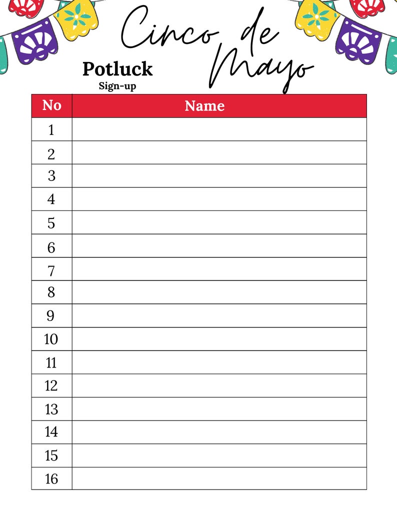 Potluck Sign up Sheet Cinco De Mayo Potluck Sign up Sheet Cinco De Mayo