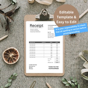 Receipt Template | Editable Receipt Template | Receipt Template for Small Businesses | Customer Receipt | Left Hand-Side Receipt Template