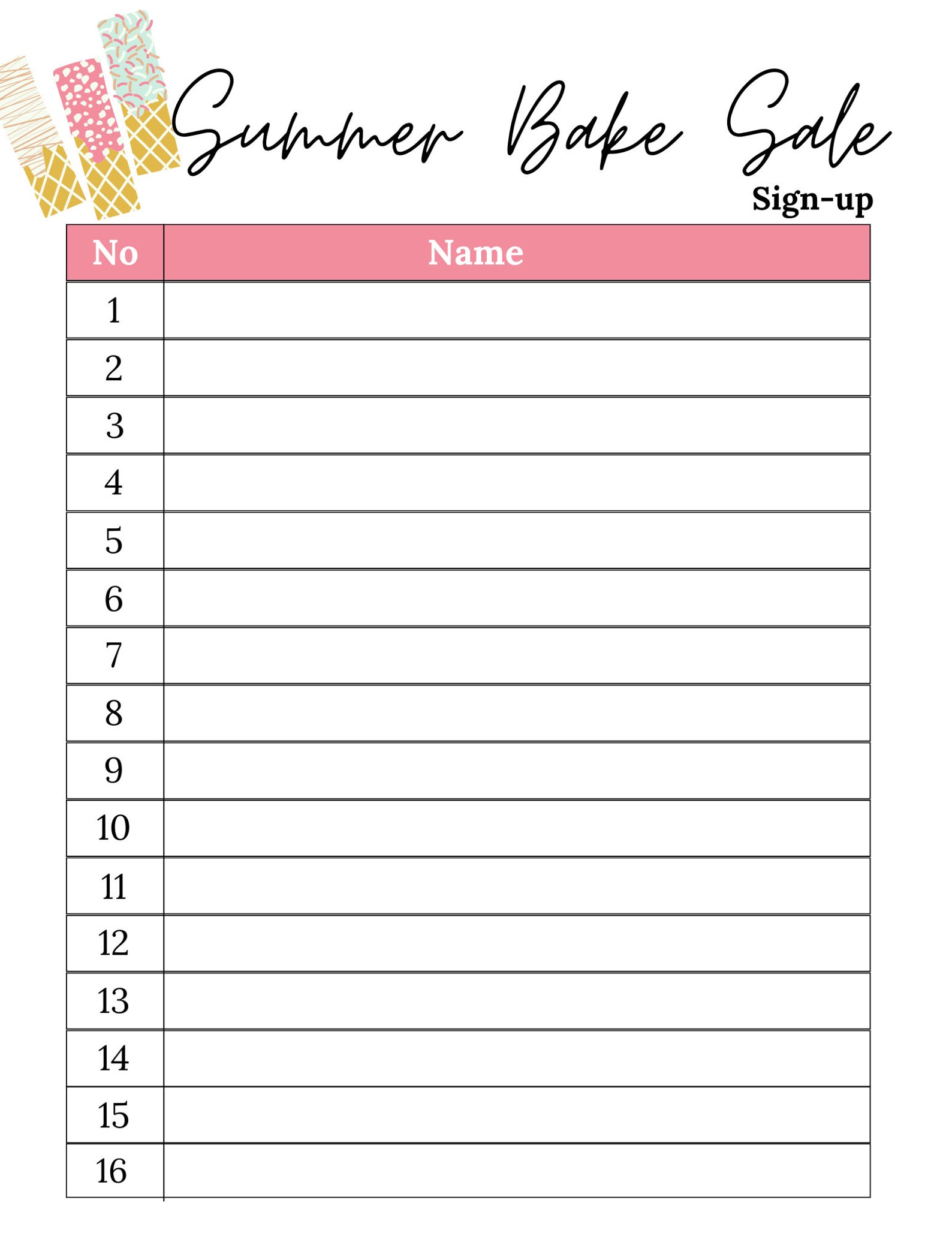 Summer Bake Sale Sign up Sheet Bake Sale Sheet Printable Bake Sale Sign