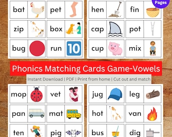 Phonics Matching Cards Game Vowels| CVC Words | Phonics Games |Phonics Activities | CVC Game| Kindergarten Phonics | 1st Grade Phonics Games