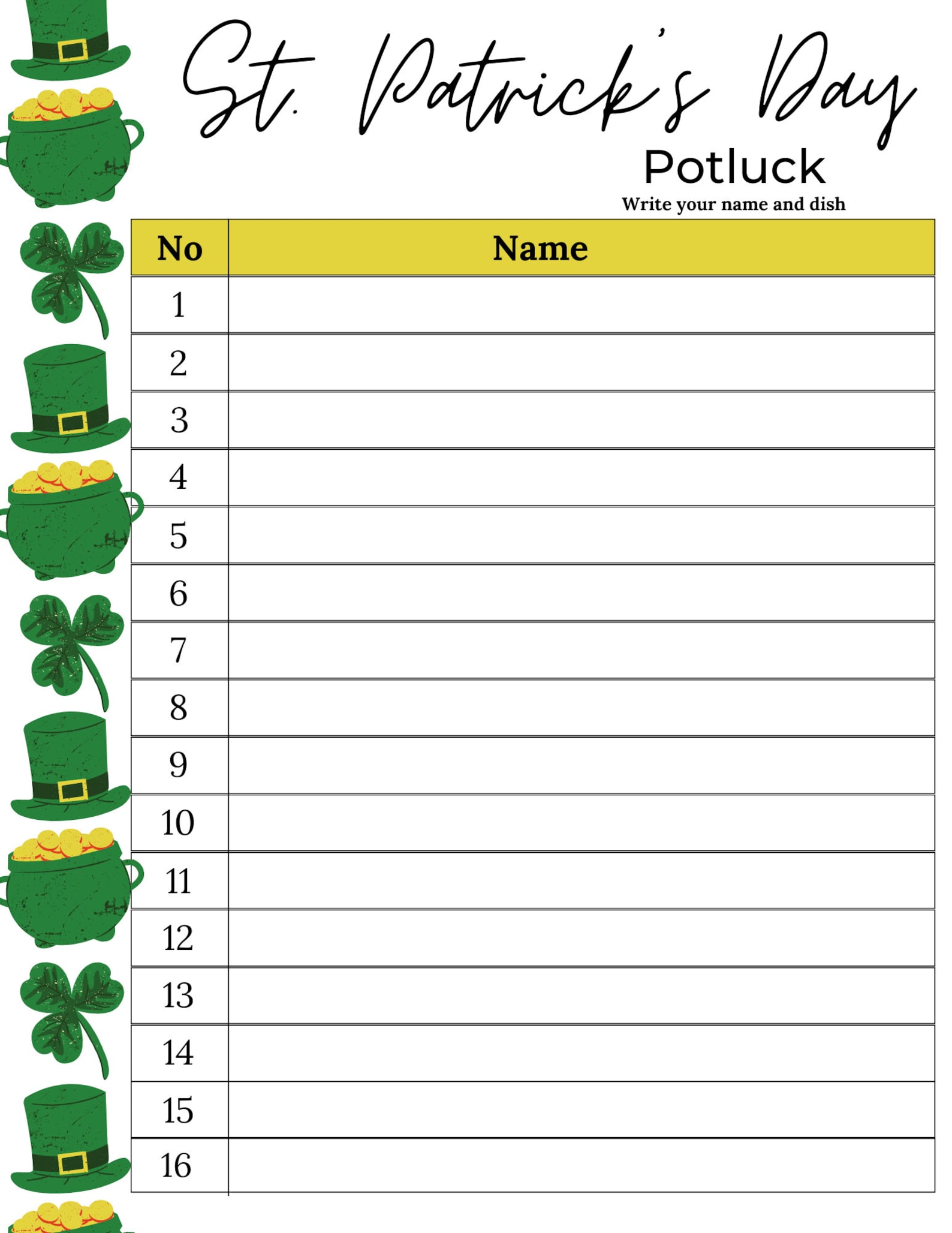 Potluck Sign up Sheet St. Patrick's Potluck Sign up Sheet St. Patrick's ...