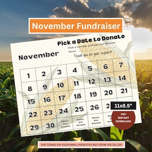 November Fundraiser Calendar | Pick a Date Fundraiser | Sports Fundraiser | School Calendar | Fundraising Calendar