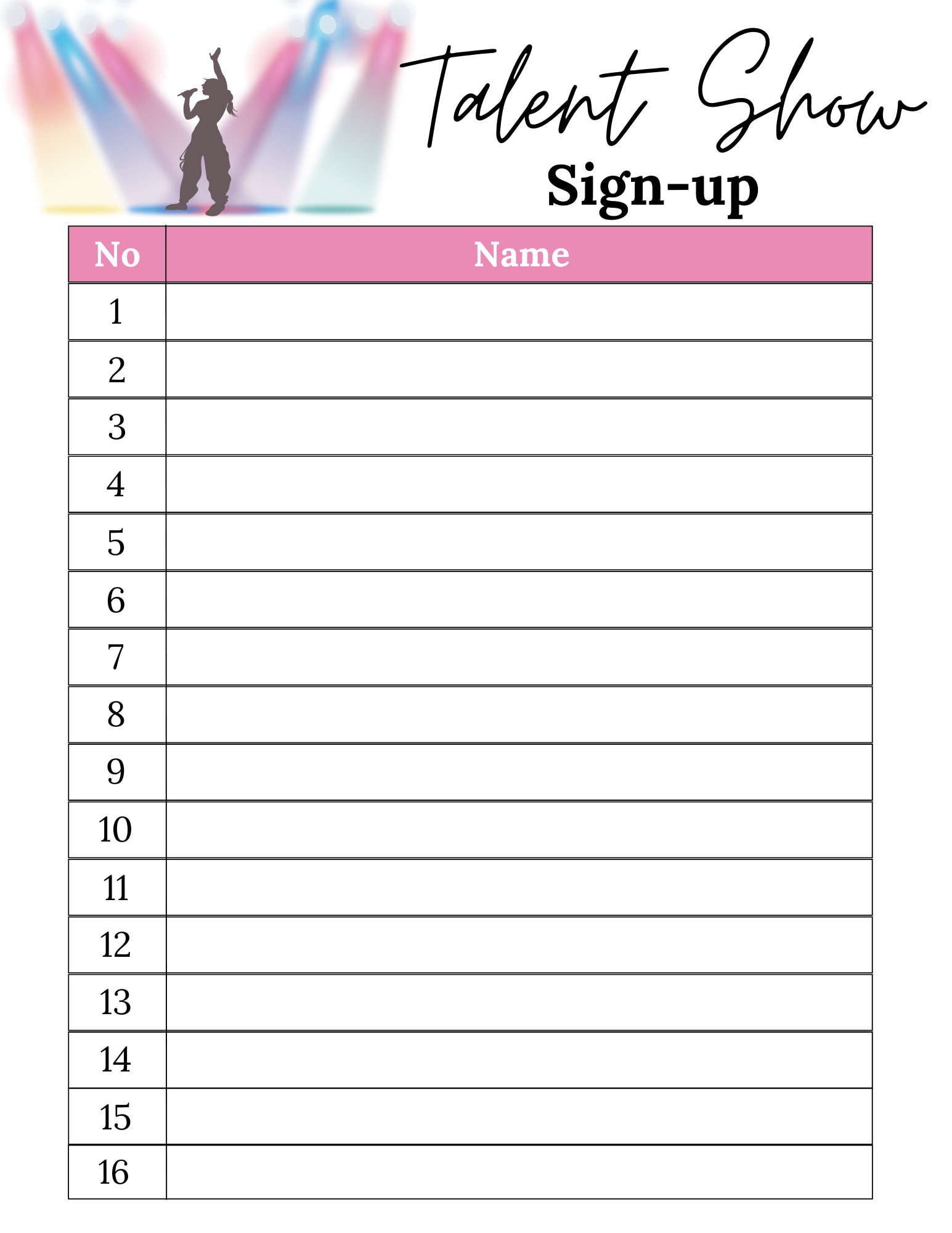 Talent Show Sign Up Sheet Talent Show Sheet Printable Etsy