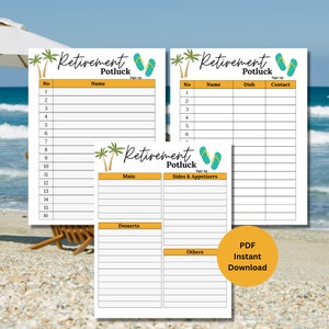 Puede incluir: Hoja de inscripción para un potluck de jubilación imprimible con un tema tropical. La hoja tiene secciones para nombres, platos e información de contacto. También incluye una sección para postres y otros artículos. La hoja está decorada con palmeras y chanclas.