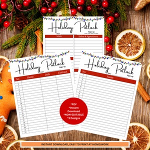 Peut inclure: Trois feuilles de papier imprimables pour inscription à un potluck de Noël avec un design festif de lumières de Noël. Chaque feuille a un en-tête rouge avec le texte "Holiday Potluck" et une section pour la date, le nom, le plat et les coordonnées. Les feuilles ne sont pas modifiables et sont disponibles en téléchargement instantané.