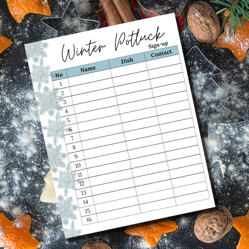 Potluck Sign up Sheet Winter Potluck Sign up Sheet Etsy