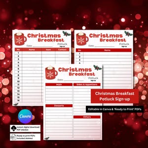 May include: Christmas Breakfast Potluck sign-up sheets with a red and white theme. The design includes a mug graphic, holly, and space for names, items, and contact information. Includes Canva and PDF options.