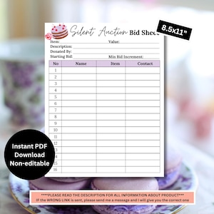 May include: Printable silent auction bid sheet template in 8.5x11 inches. The sheet has a pink and white color scheme with a cake illustration. It includes columns for item number, name, item, and contact information.