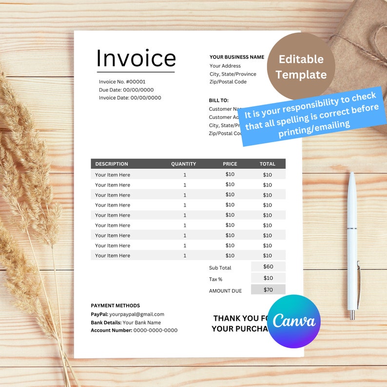 Sample Check With Invoice Invoice Template Download | Invoice Template | Canva Editable Template ...