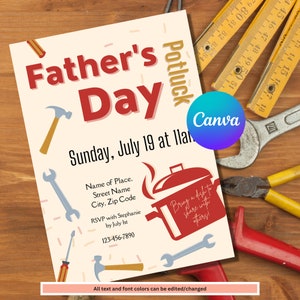 Op de afbeelding: Een uitnodiging voor een vaderdag-potluck met een rood en wit kleurenschema. De uitnodiging toont een rode gereedschapskist met gereedschap, een rode pot met stoom en de tekst "Vaderdag Potluck" in rood en wit. De uitnodiging bevat ook de datum en tijd van het evenement, de locatie en een contact voor RSVP.