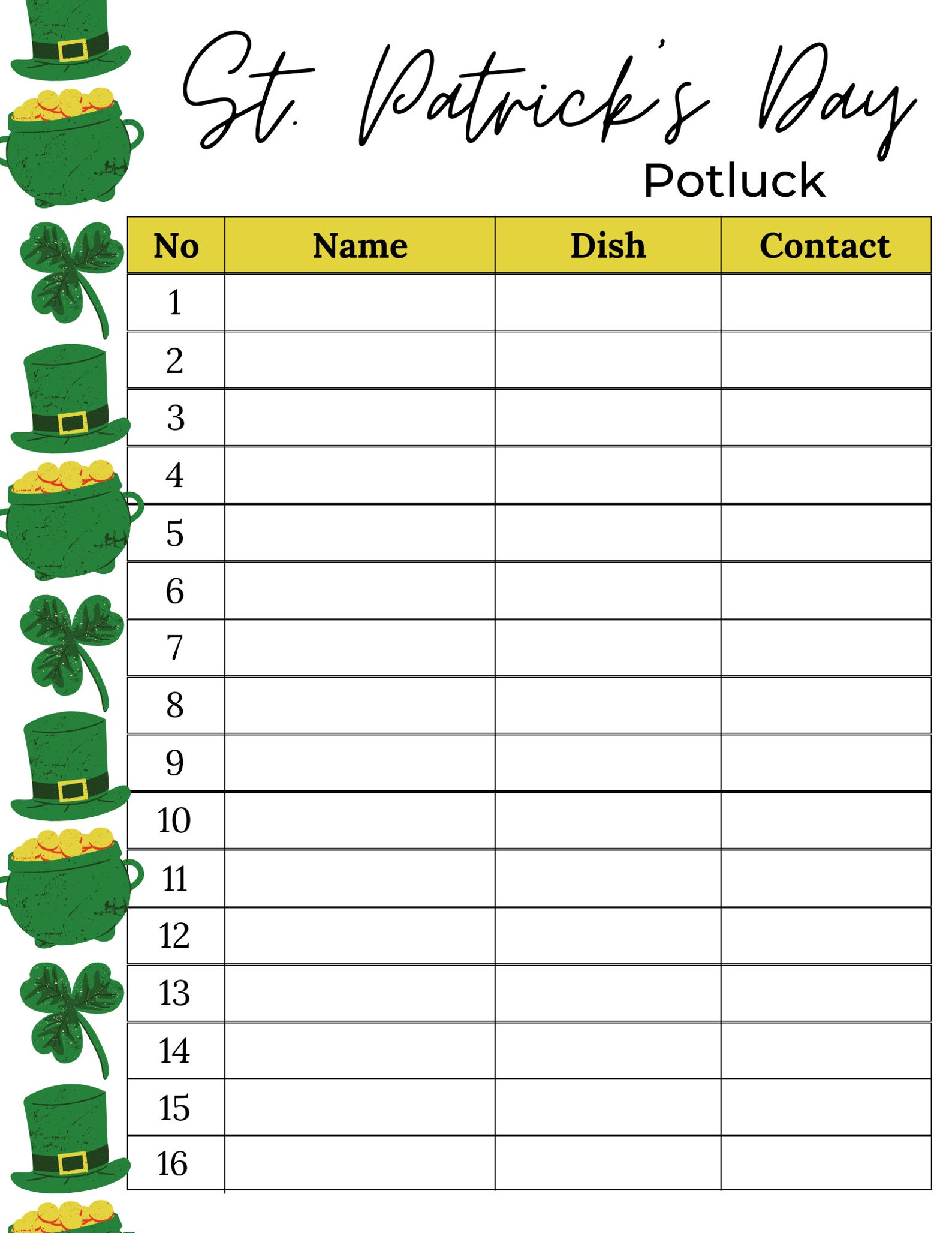 Potluck Sign up Sheet St. Patrick's Potluck Sign up Sheet St. Patrick's ...