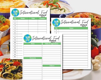 Potluck Sign Up Sheet | International Food Potluck Sign Up Sheet | World Food Potluck Sheet | Potluck Sign up Sheet | Potluck Sheet
