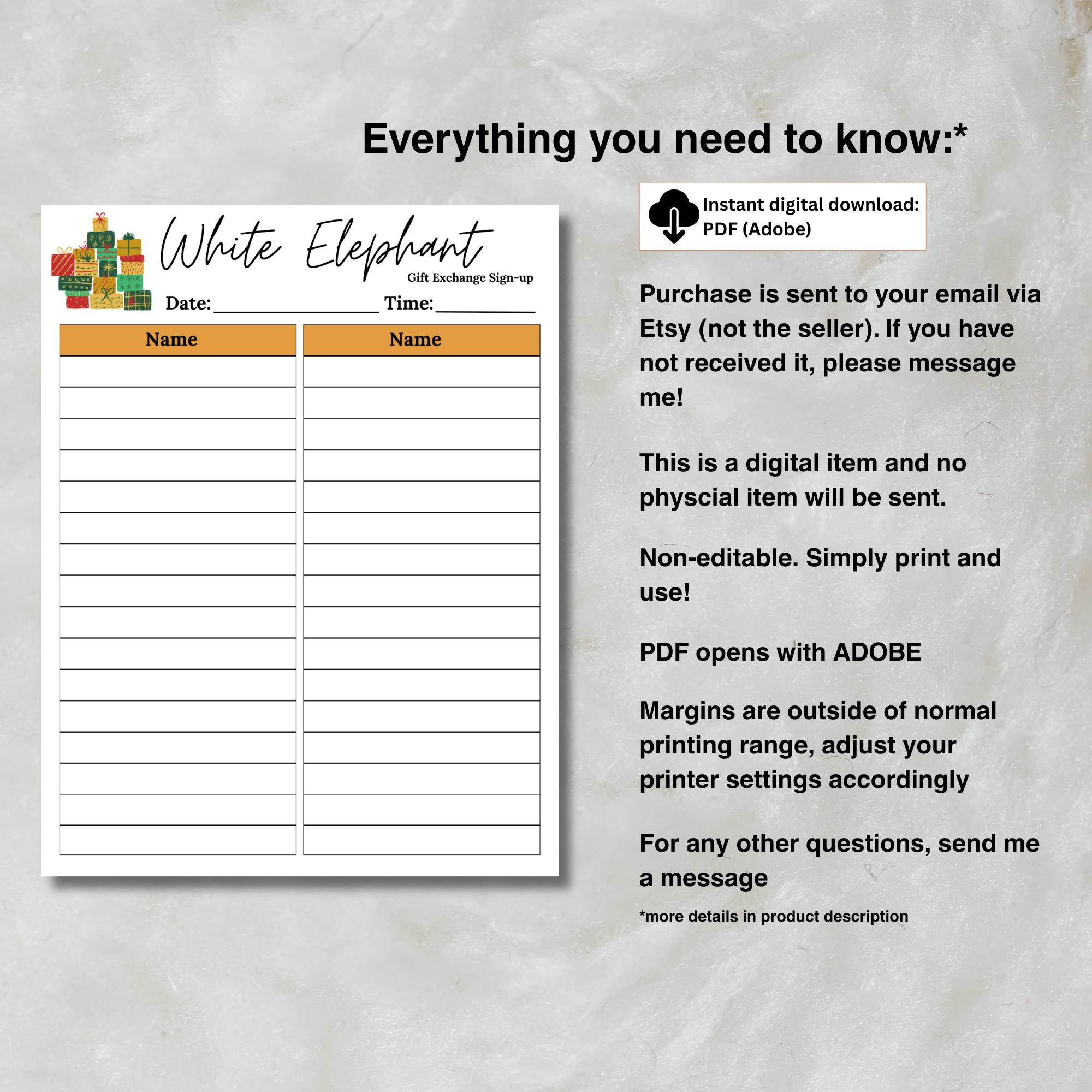 White Elephant Gift Exchange Sign up Sheet | Gift Exchange Sign up Sheet |  Christmas Gift Exchange Sheet | Printable Gift Exchange Sign Up - Etsy  Singapore