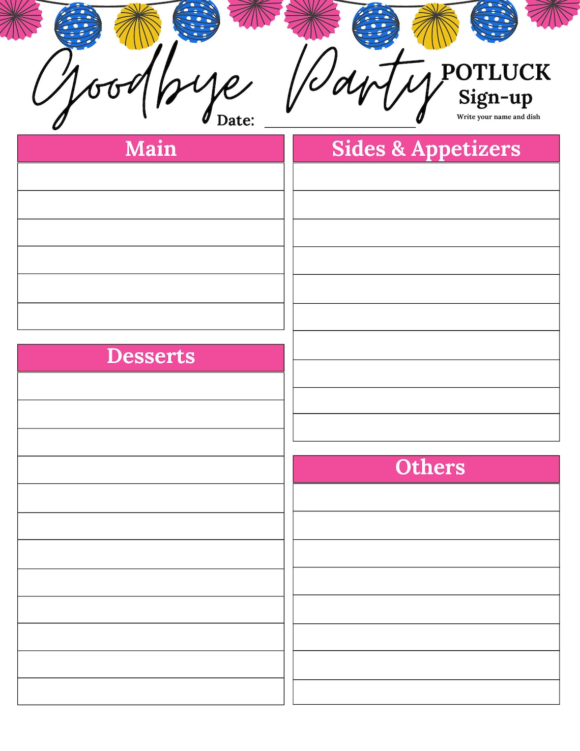 Goodbye Party Potluck Sign up Sheet | Leaving Party Potluck Sheet