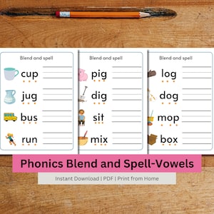 May include: A printable worksheet for children to practise blending and spelling vowel sounds. The worksheet features colourful illustrations of a cup, jug, bus, and runner, a pig, a shovel, a person sitting, a bowl, a log, a dog, a bucket, and a box.