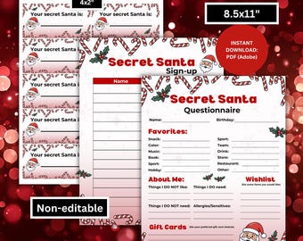 May include: A collection of Secret Santa sign-up sheets and questionnaires. The designs feature candy canes, holly, and Santa Claus illustrations. The sheets are available in 4x2 inch and 8.5x11 inch sizes. The text includes "Secret Santa" and "Instant Download: PDF (Adobe)".