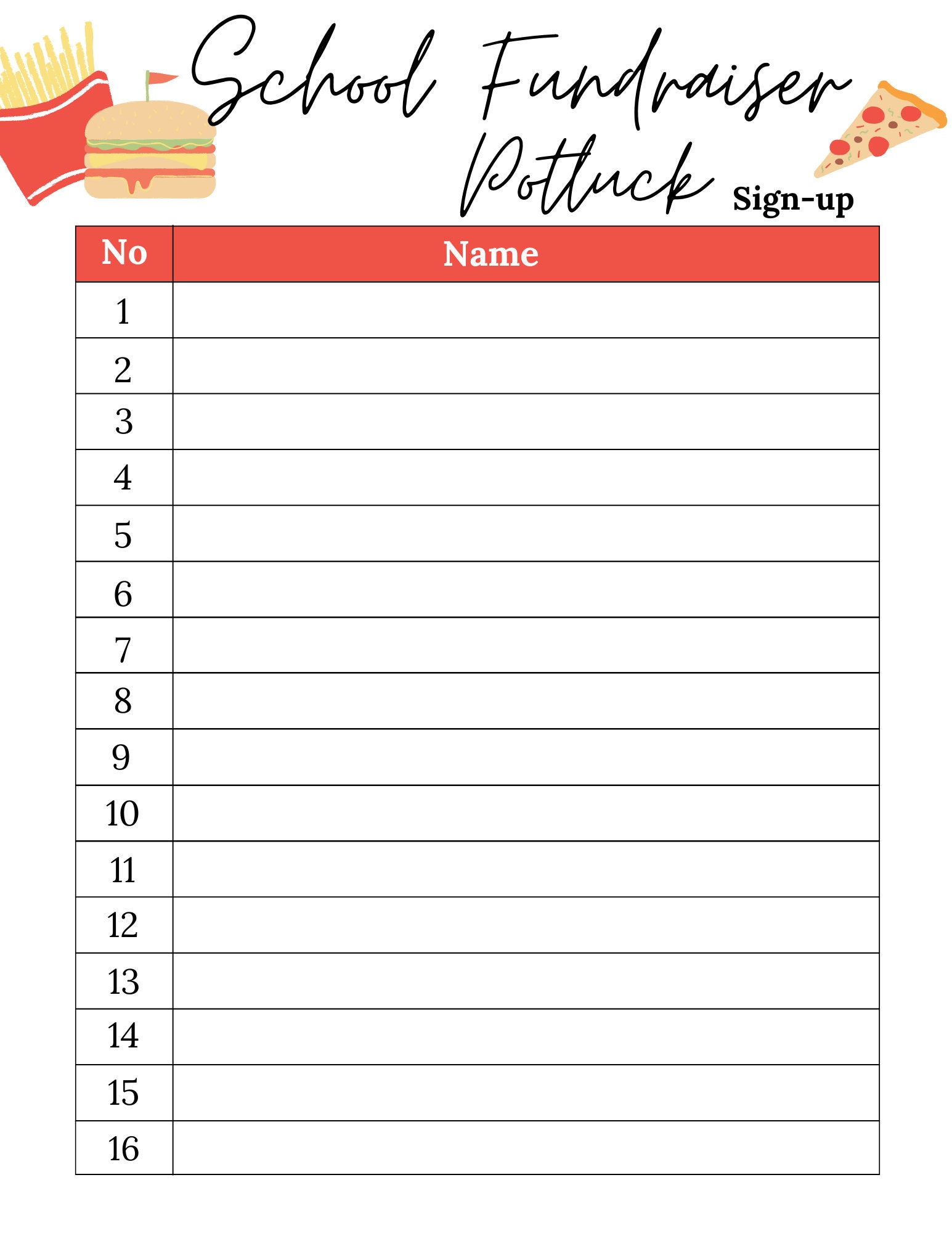 Potluck Sign up Sheet | School Fundraiser Potluck Sign up Sheet ...